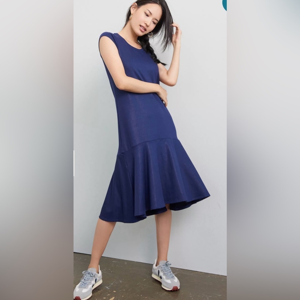 Maeve Anthropologie Ismene Navy Blue Metallic Cap Sleeve Drop Waist Midi Dress S
